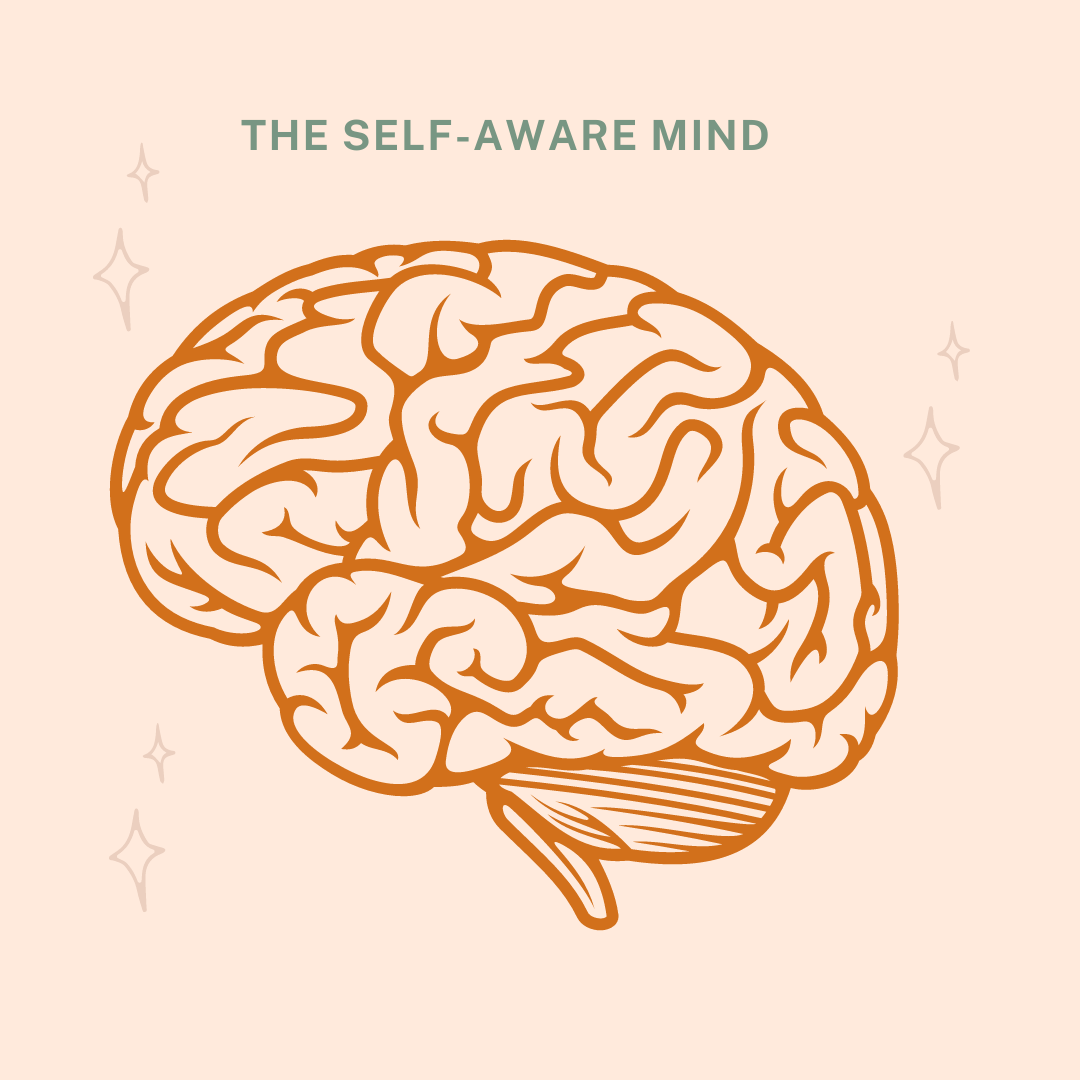 the self-aware mind text over an orange drawing of a brain
